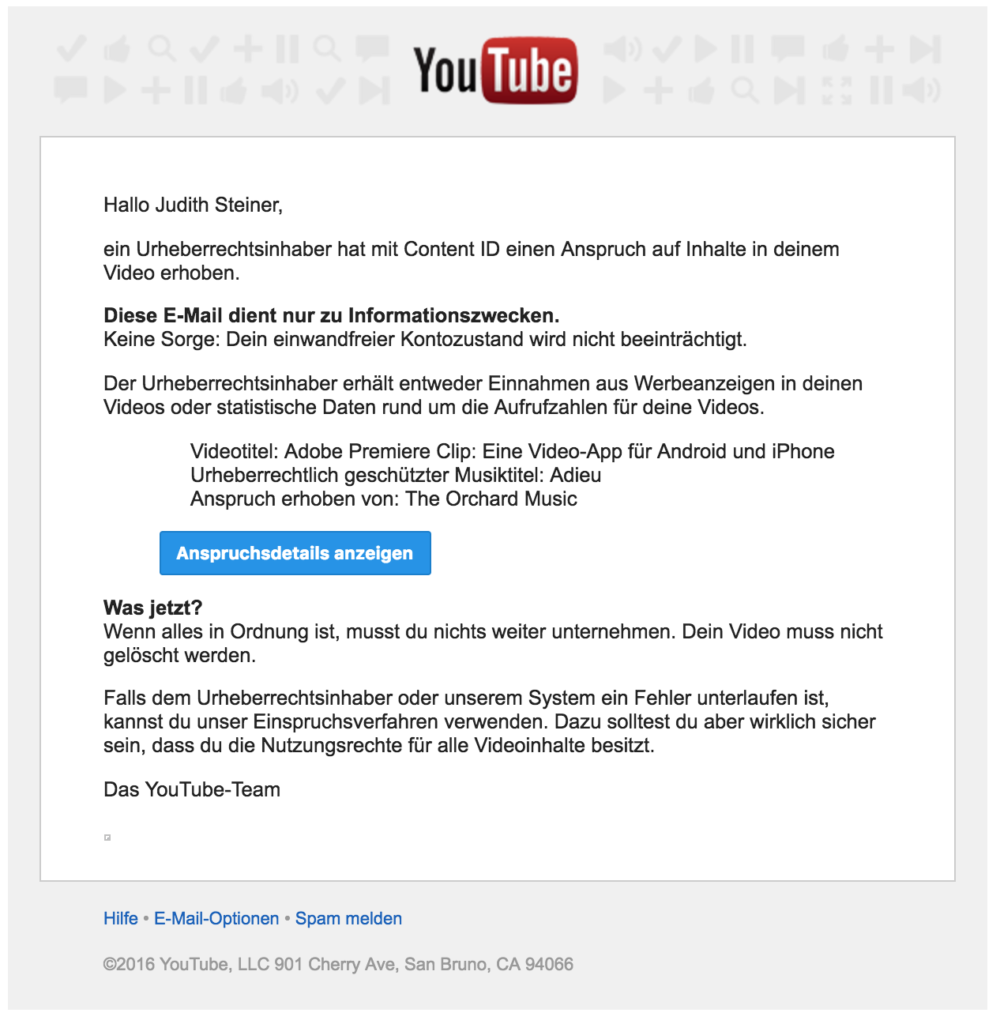 YouTube ContentID Warnung