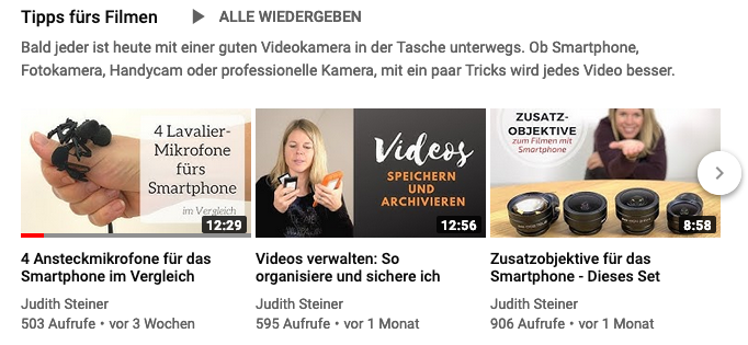 Screenshot YouTube-Kanal Judith Steiner Thumbnails