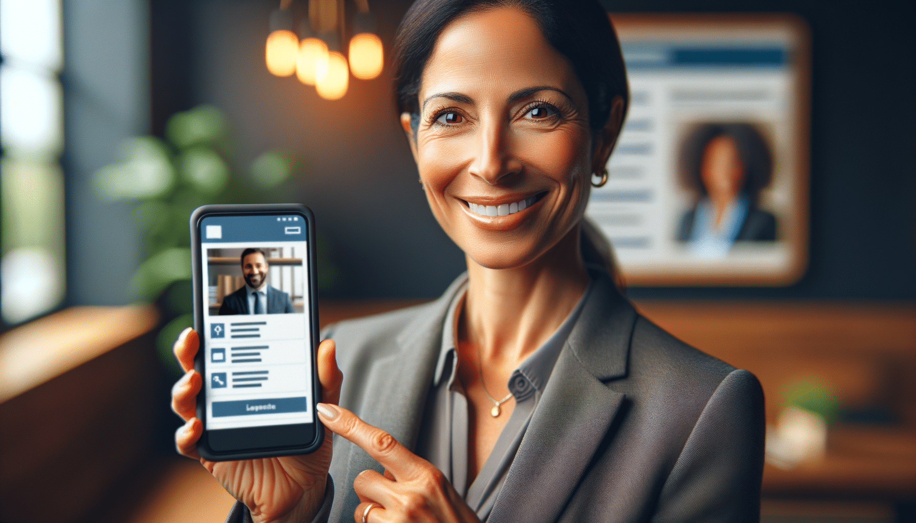 Ein modernes, professionelles Bild einer Frau in den 40ern, die ein Smartphone vertikal hält und lächelt. Im Hintergrund ist eine LinkedIn-Seite zu sehen. Farben sind lebendig, die Atmosphäre positiv und geschäftlich.